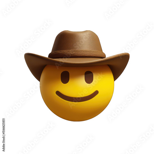 emoji-style 2D illustration of a cowboy emoji with hat and smile, mood: adventurous, color: yellow and brown, lighting: soft shadows, composition: centered