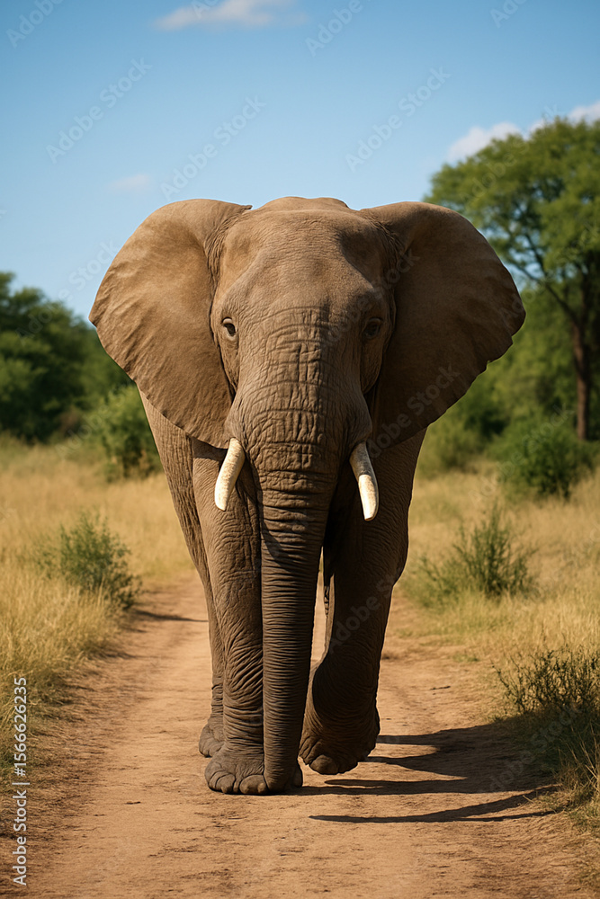 Fototapeta premium African Elephant in Natural Habitat – Realistic Wildlife Scene in Bright Daylight