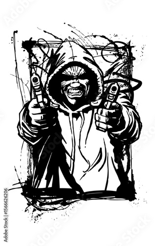 Armed Attitude: A gritty illustration captures an intimidating figure in a hooded sweatshirt, fiercely brandishing dual firearms in a stylized, artistic expression. Perfect for Merch design & poster.