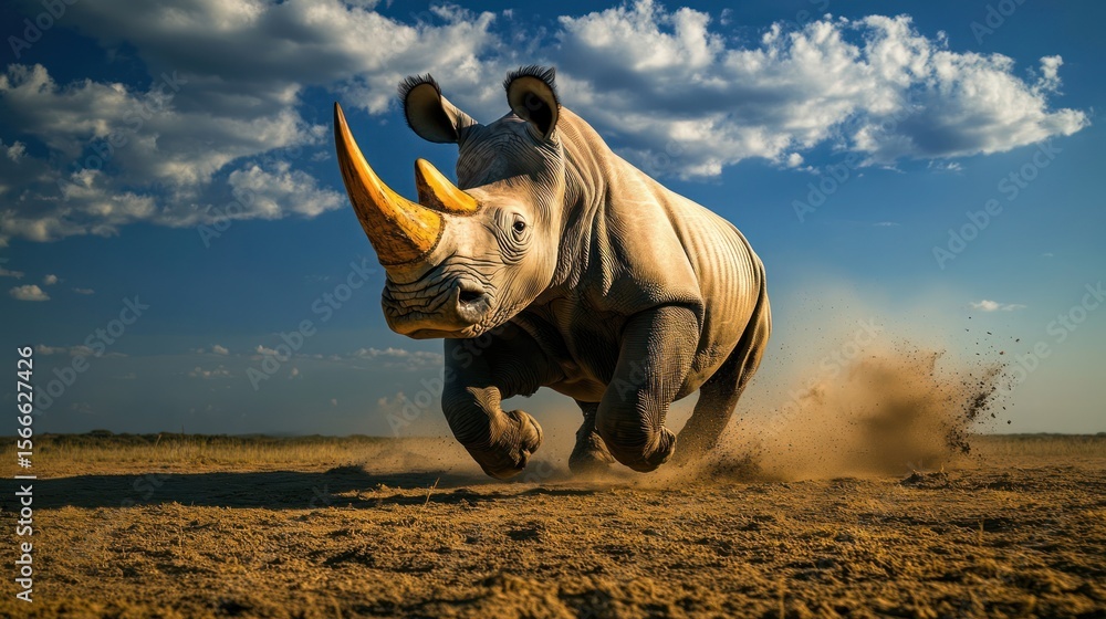 Fototapeta premium Charging rhinoceros running through a dusty, sunlit field under a partly cloudy blue sky