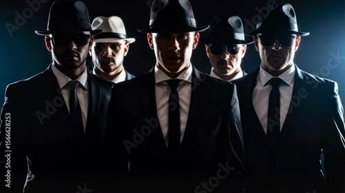Group of men in suits and hats, standing in darkness. Formal attire, dark background, mysterious figures in suits and ties, stylish men.
