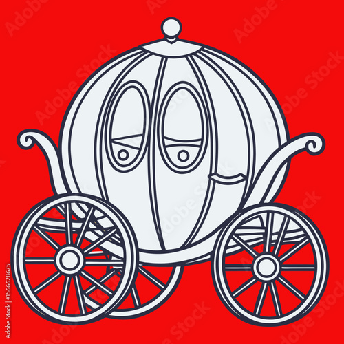 Cartoon pumpkin carriage with wheels on red background  