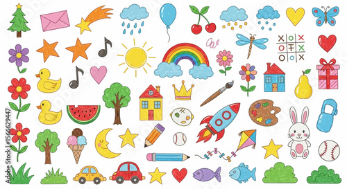 Colorful Hand-Drawn Illustrations of Various Objects, Symbols, and Icons.