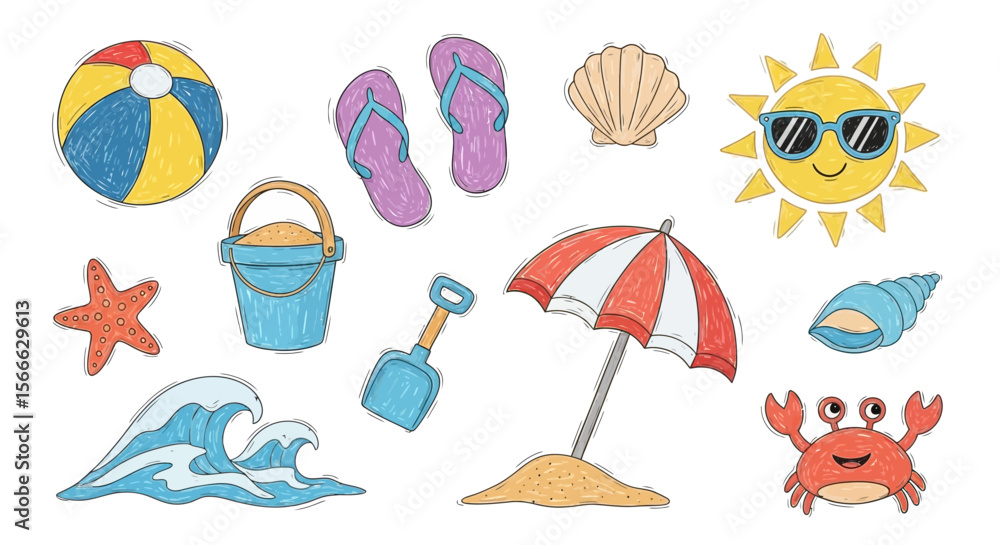 Naklejka premium Colorful Beach Elements Illustration: Ball, Flip-Flops, Seashell, Sun, Umbrella, Crab