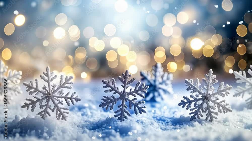 Delicate white snowflakes rest softly on fresh snow, with glowing bokeh lights adding warmth and festive charm during winter season. Delicate white snowflakes rest softly on fresh snow, with glowing bokeh lights adding warmth and festive charm during winter season.