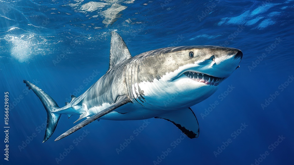 Fototapeta premium Great white shark swims in clear blue water with sun rays