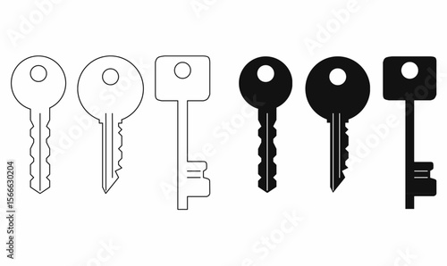 Set of house and car key vector icons in silhouette, black and white, flat and outline style, round and square heads, perfect for security, access, locksmith, and key design concepts.key icon set.