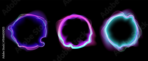 Set of abstract glowing circular sound waveforms in neon colors on a black background, ideal for music visualizers, DJ event graphics, audio interfaces, podcast branding, or EDM cover art. Vector