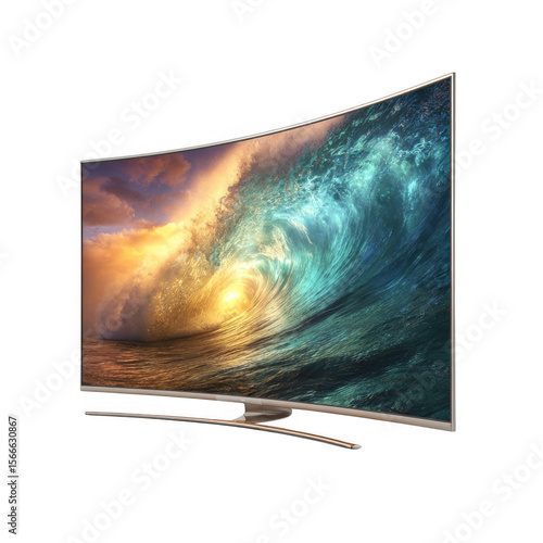 Curved tv screen displaying ocean wave isolated on transparent background