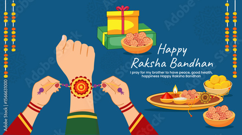 Happy Raksha Bandhan indian festival banner social media post with sister ties rakhi on her brothers hand