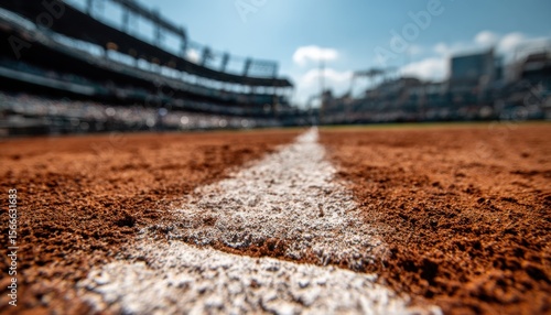 Wallpaper Mural Close-up view of a baseball field's infield dirt and the white chalk line, with a blurred stadium background suggesting a sunny day game. Torontodigital.ca