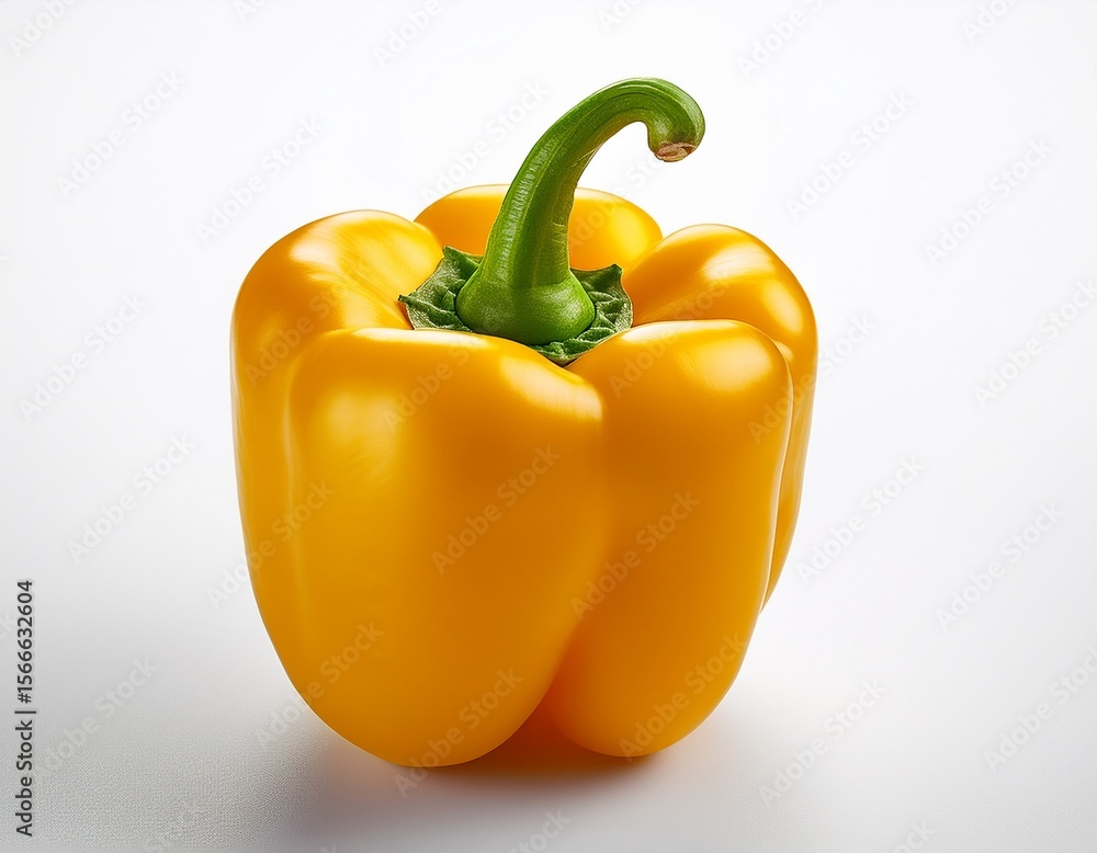 vibrant yellow bell pepper with shiny healthy appearance and green stem on white background concept of fresh produce vegetable cooking vibrant glossy food photography