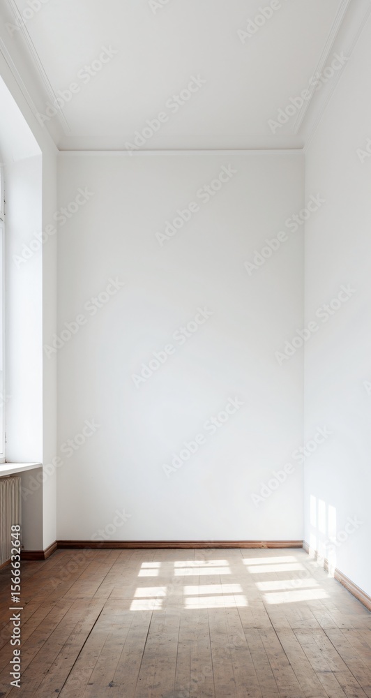 Empty room with white walls hardwood floor and sunlight streaming through a window Empty room with white walls hardwood floor and sunlight streaming through a window