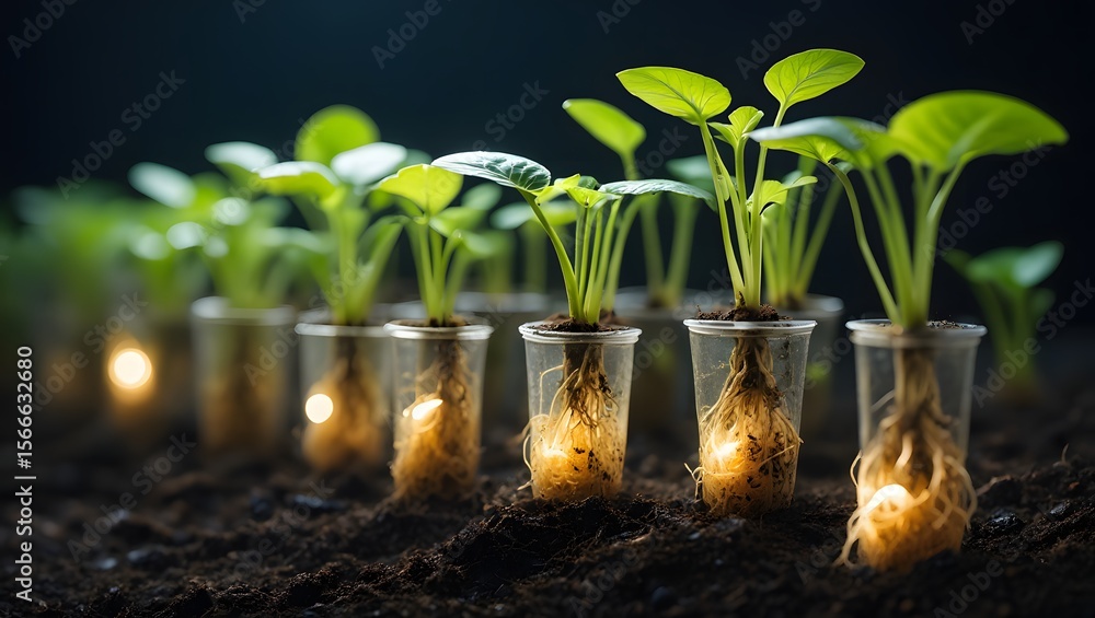 custom made wallpaper toronto digitalSeedlings growing in plastic cups, plant propagation and root development concept idea