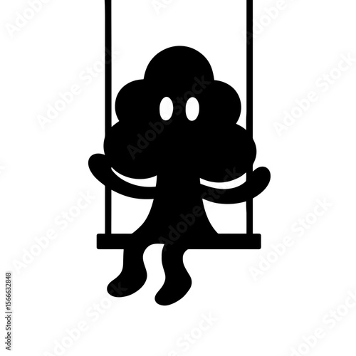 very simple flat and single minimalist Swinging Tree Spirit Silhouettes in black on a white background