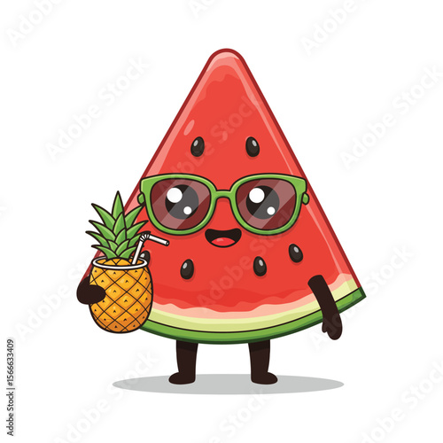 A cute cartoon watermelon slice, wearing sunglasses, enjoys a pineapple drink.