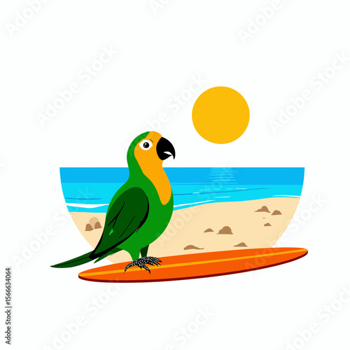 Cartoon parrot standing on surfboard at beach during sunset  