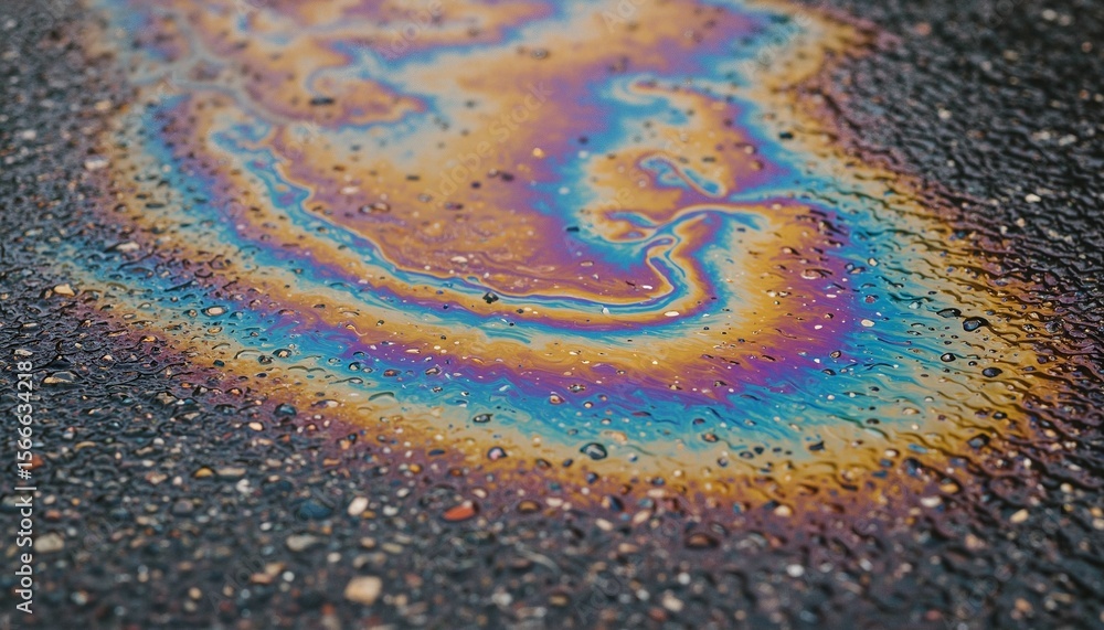 Obraz premium Gasoline stain on asphalt displaying colorful oil slick patterns 