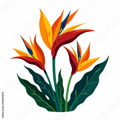 Vibrant heliconia flowers with green leaves in a modern style  