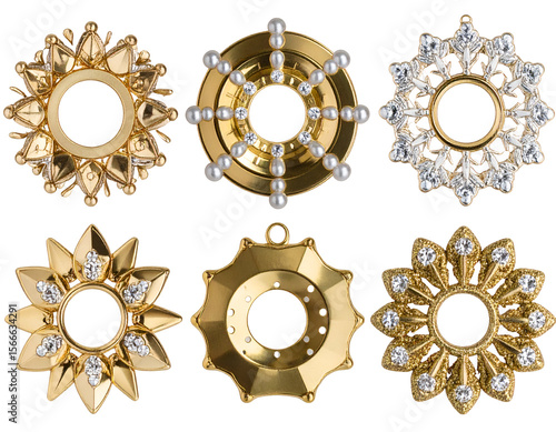 A captivating display of six diverse gold and silver ornate medallions, each sparkling with gems and pearls.