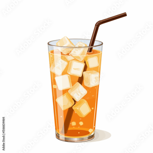 Iced tea with ice cubes and straw in a clear glass  