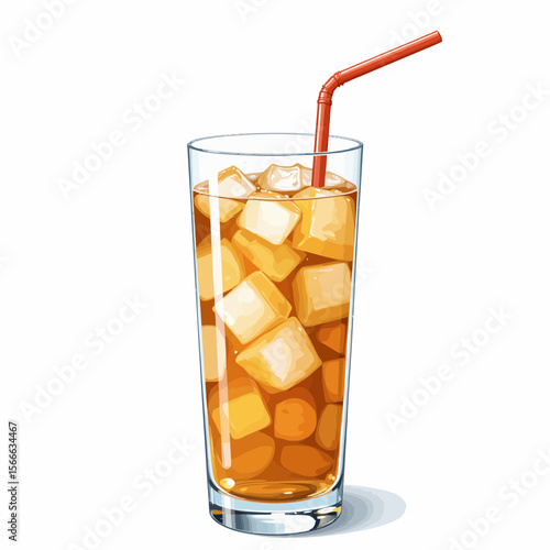 Iced tea in a glass with ice cubes and a straw on white background  