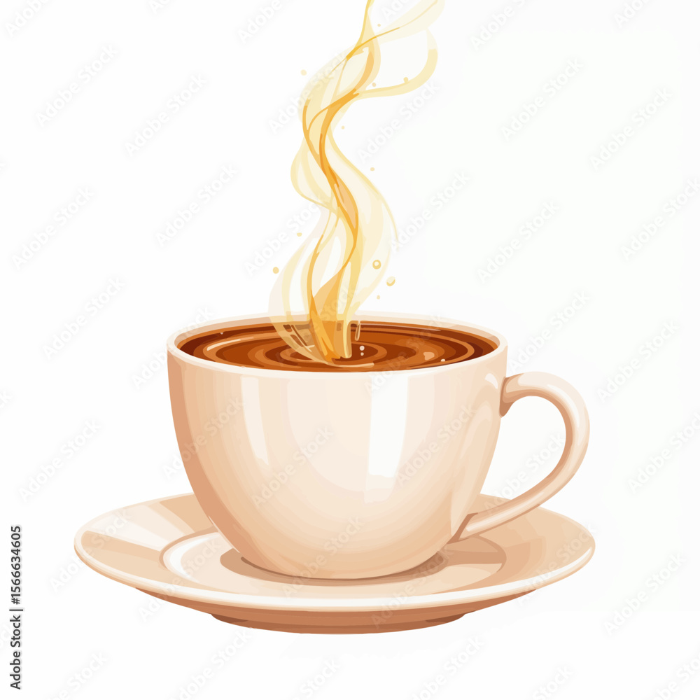 Obraz premium Hot coffee cup with steam on saucer in minimalistic style 