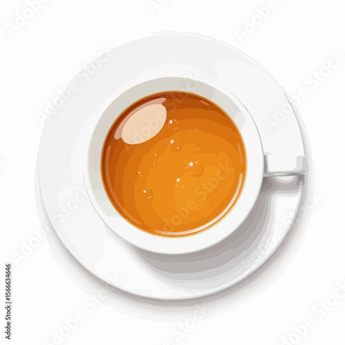 Tea cup with orange beverage on white saucer viewed from above  