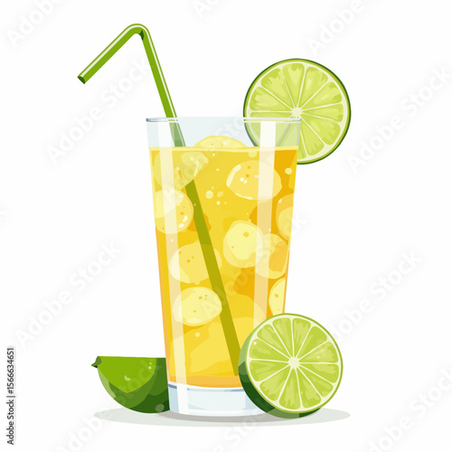Refreshing lime drink with ice and straw in tall glass  