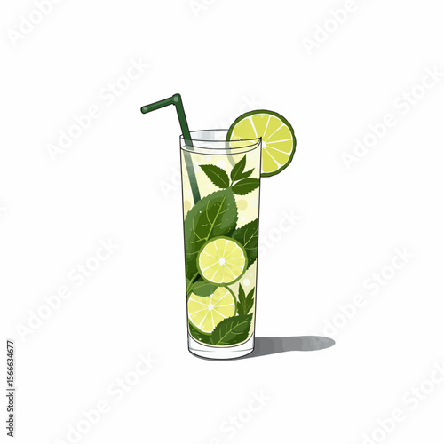 Glass of refreshing lime mojito with mint leaves and straw  