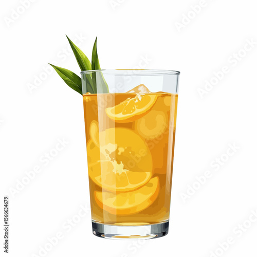Refreshing iced tea with lemon slices and mint leaves in glass  