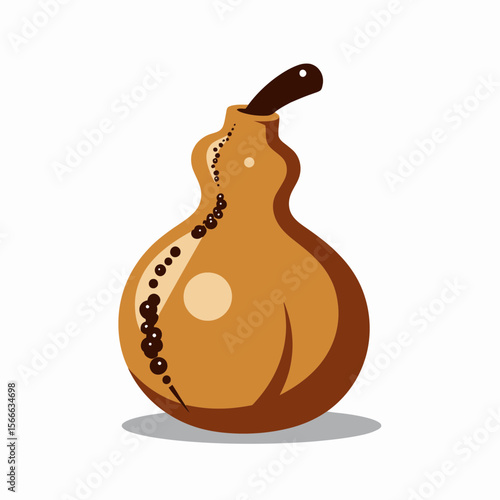 Decorative gourd with dark seeds and curved handle in warm tones  
