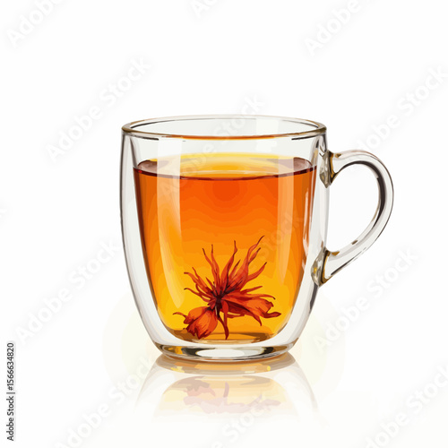 Glass cup with blooming tea infused in clear water  