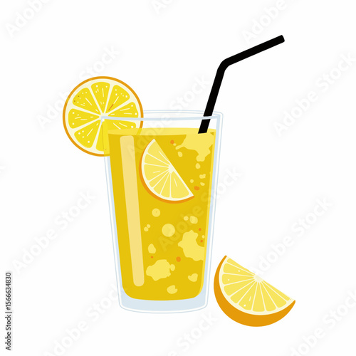Fresh lemonade cocktail with lemon slices and straw on white background  