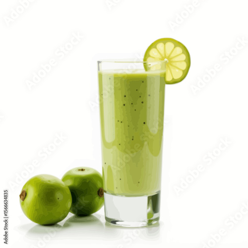 Green smoothie in glass with lime slice and fresh apples nearby  