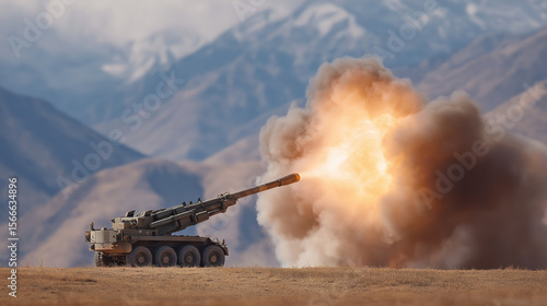 Self-Propelled Howitzer Firing on Training Range with Smoke Rising