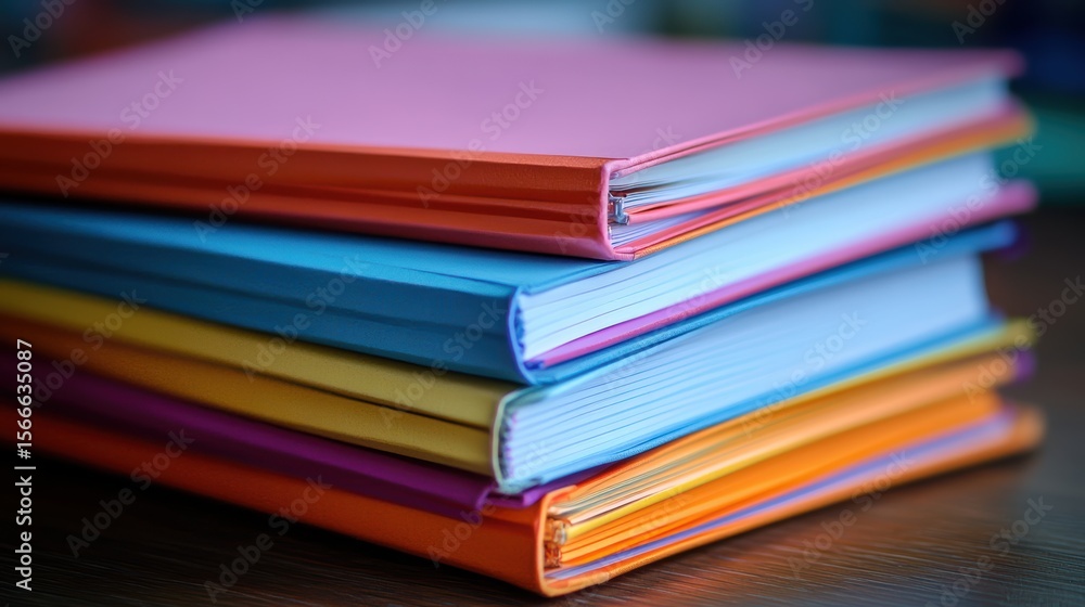 A colorful stack of four notebooks with different colored covers and visible spiral bindings resting on a wooden surface. A colorful stack of four notebooks with different colored covers and visible spiral bindings resting on a wooden surface.