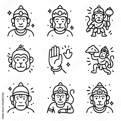 Hanuman vector offers nine elegant line art drawings of the mighty monkey god suitable for spiritual designs and cultural projects.