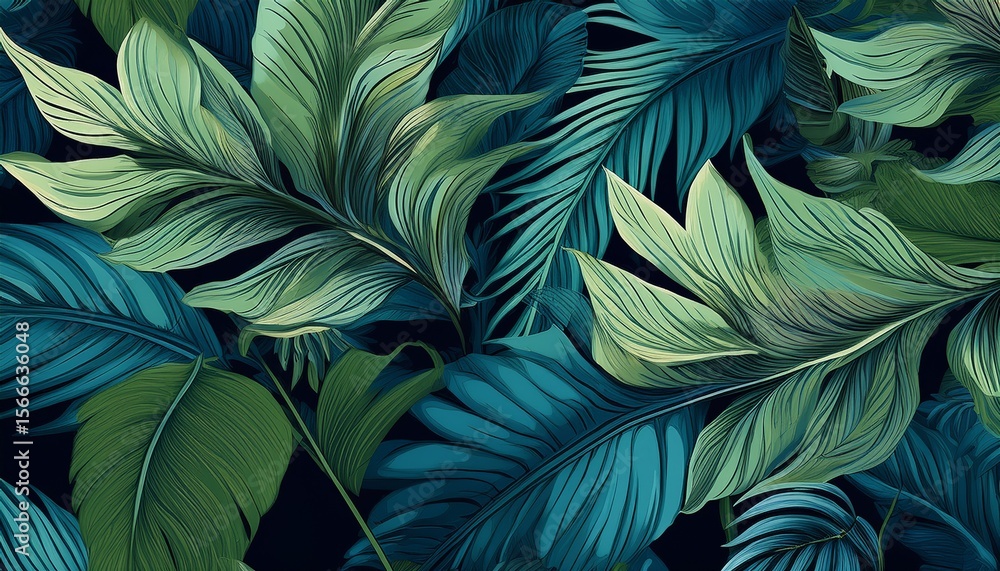 custom made wallpaper toronto digitaltropical leaves seamless pattern illustration with a dark background tropical foliage design a green and blue color scheme high resolution no text or letters in the artwork