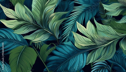 Wallpaper Mural tropical leaves seamless pattern illustration with a dark background tropical foliage design a green and blue color scheme high resolution no text or letters in the artwork Torontodigital.ca