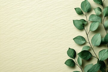 light textured background, fabric or paper, subtly creased, rumpled, green eucalyptus leaves on thin, green branches frame the central area, creating minimalist and natural border design, copy space