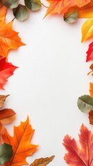 Vibrant autumn leaves border a white backdrop, creating a vertical space ideal for text or design elements