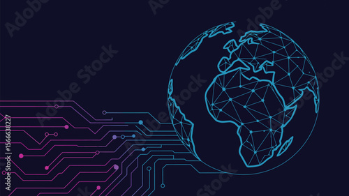 Abstract depiction of earth with network connections and circuit board design on dark background