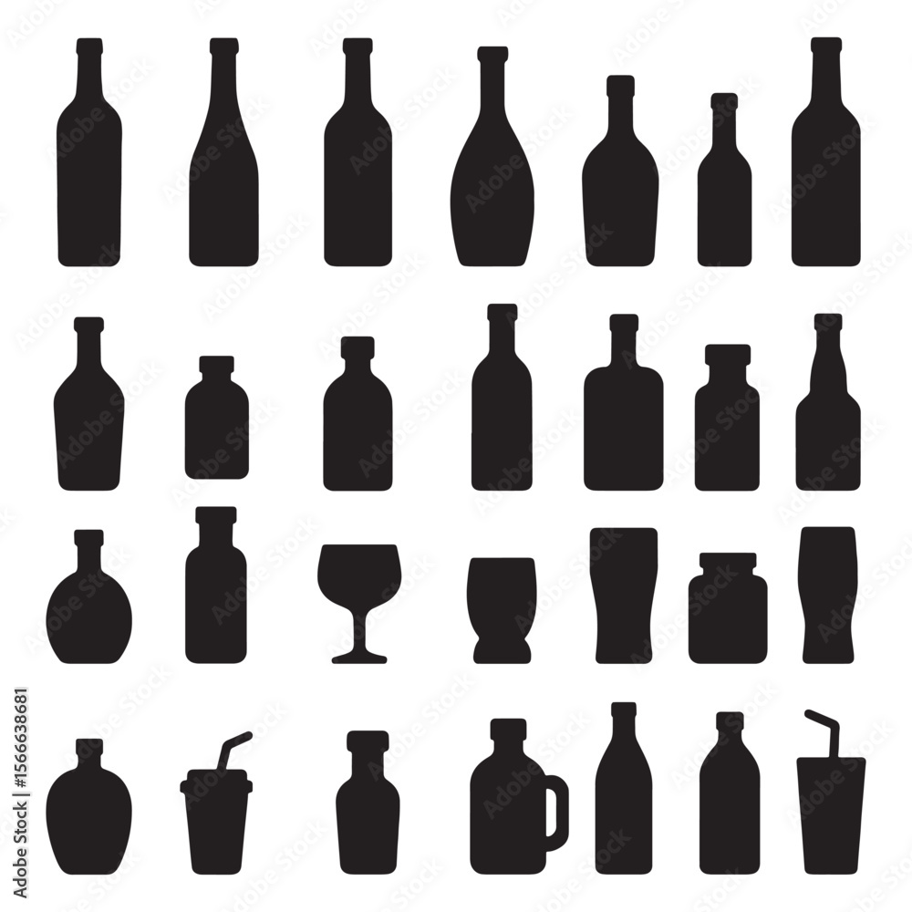 Diverse beverage containers and glassware silhouettes bottle drink Diverse beverage containers and glassware silhouettes bottle drink
