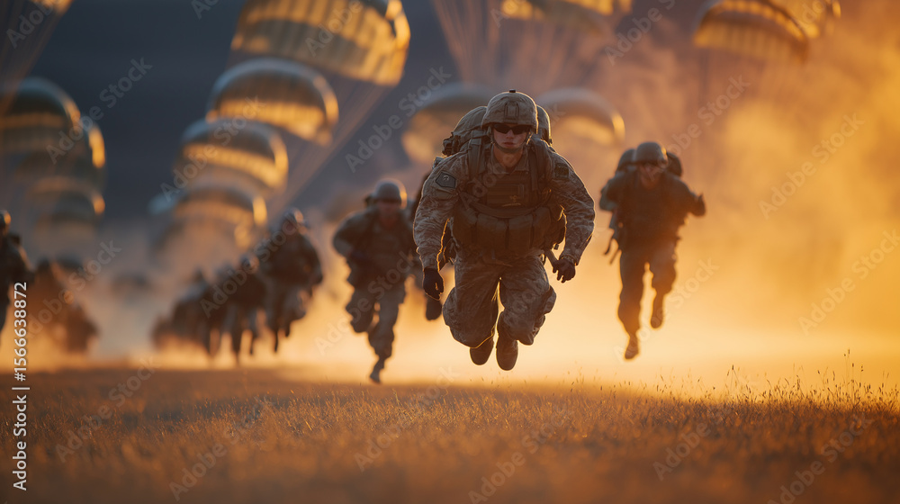 Obraz premium Paratroopers exiting transport vehicle with deployed chutes over field