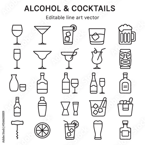 Assorted alcoholic beverages and bar tools cocktails drinks