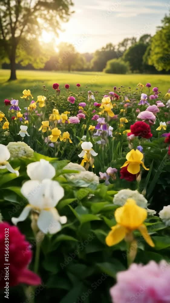 Vertical video of a sunlit flower garden in full bloom, bursting with vibrant tulips and greenery under a fairytale morning sky. Vertical video of a sunlit flower garden in full bloom, bursting with vibrant tulips and greenery under a fairytale morning sky.