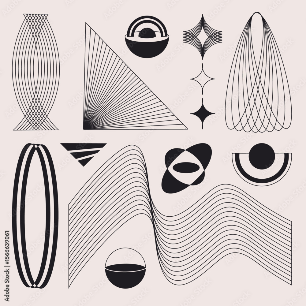 Minimalist Mid Century GeometricAbstract Stripe Vector Line Wavy Art Set