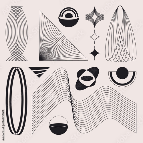Minimalist Mid Century GeometricAbstract Stripe Vector Line Wavy Art Set 