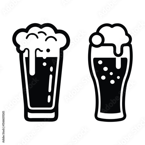 Two frothy beer glasses foamy beverage